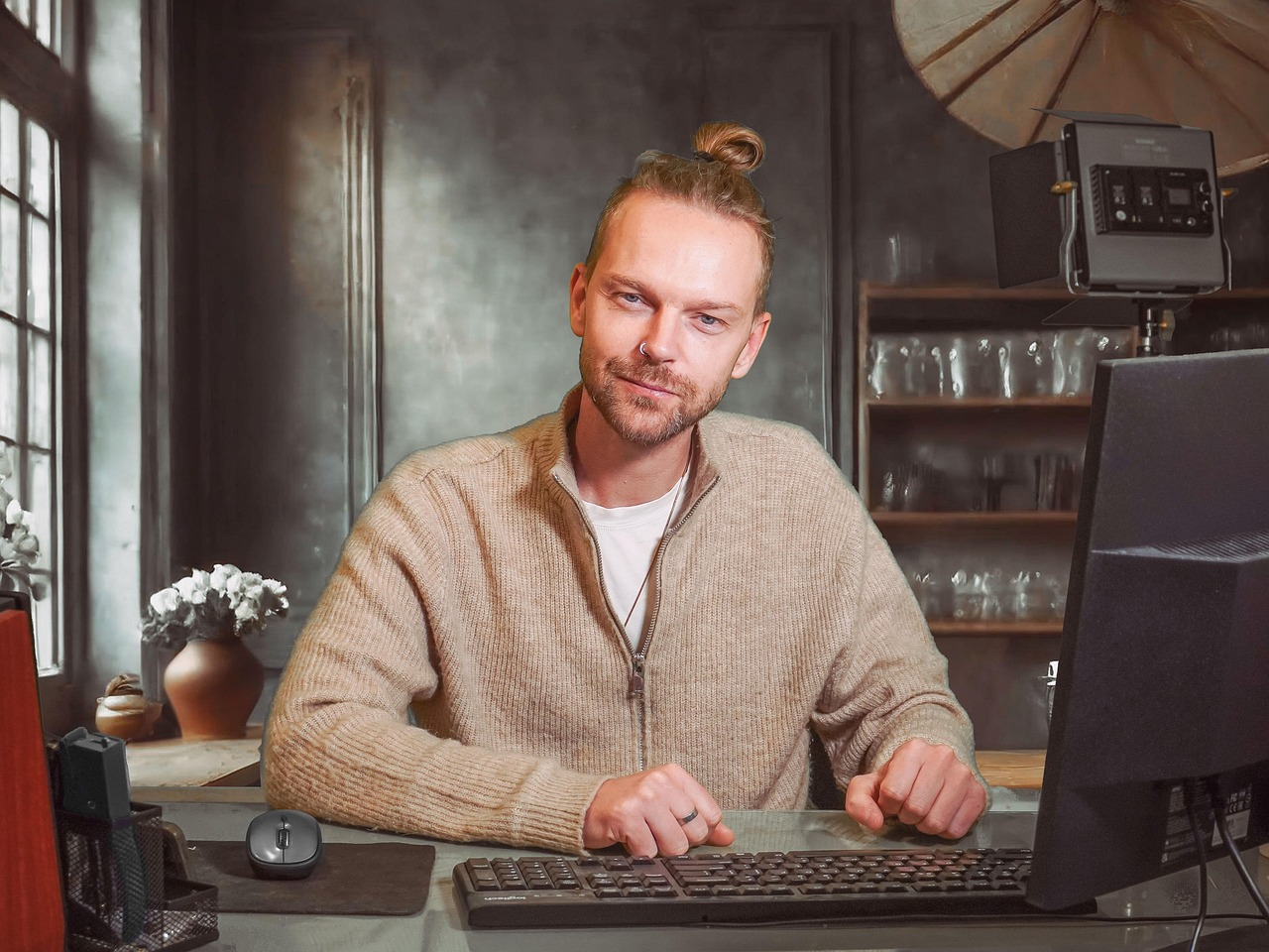Home man, desk, computer, adult, blond, pc, desktop, studio, study, studying, learning, typing, working, office, work, business, online, technology, handsome, male, internet