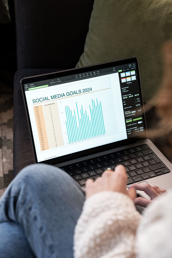 Home Woman reviewing 2024 social media goals chart on laptop indoors.